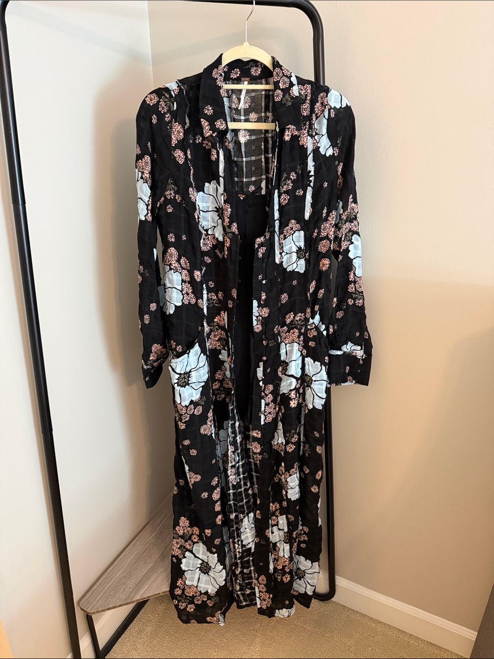 Free People Black Maxi Dress with White and Pink Floral Print
